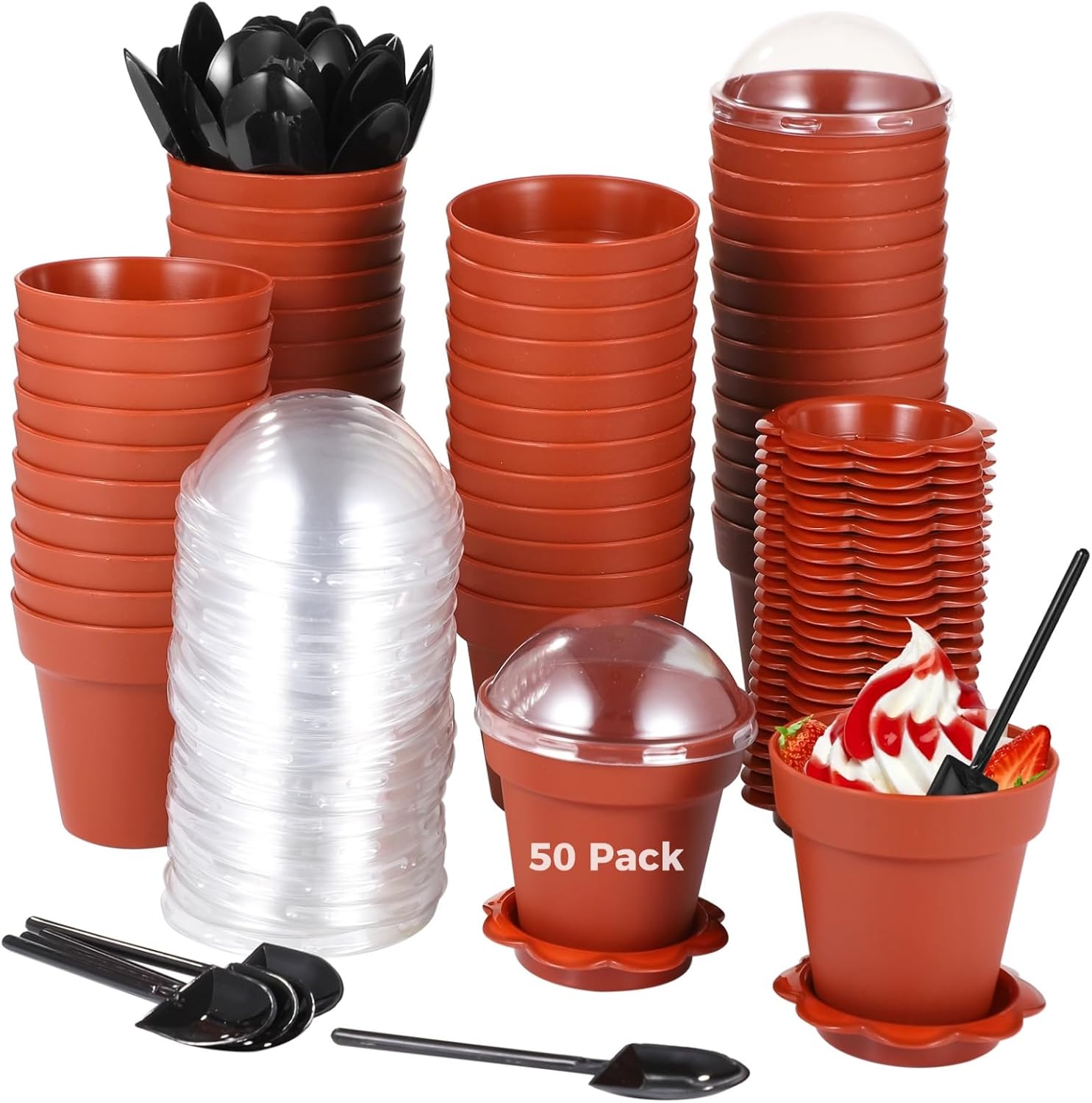 OMISTAR 50 PCS Flower Pot Dessert Cups, 6 oz Ice Cream Serving Cups with Transparent Lids and Shovel Spoons, Pudding Mousse Containers, Stackable Design for Parties, Weddings, Catering