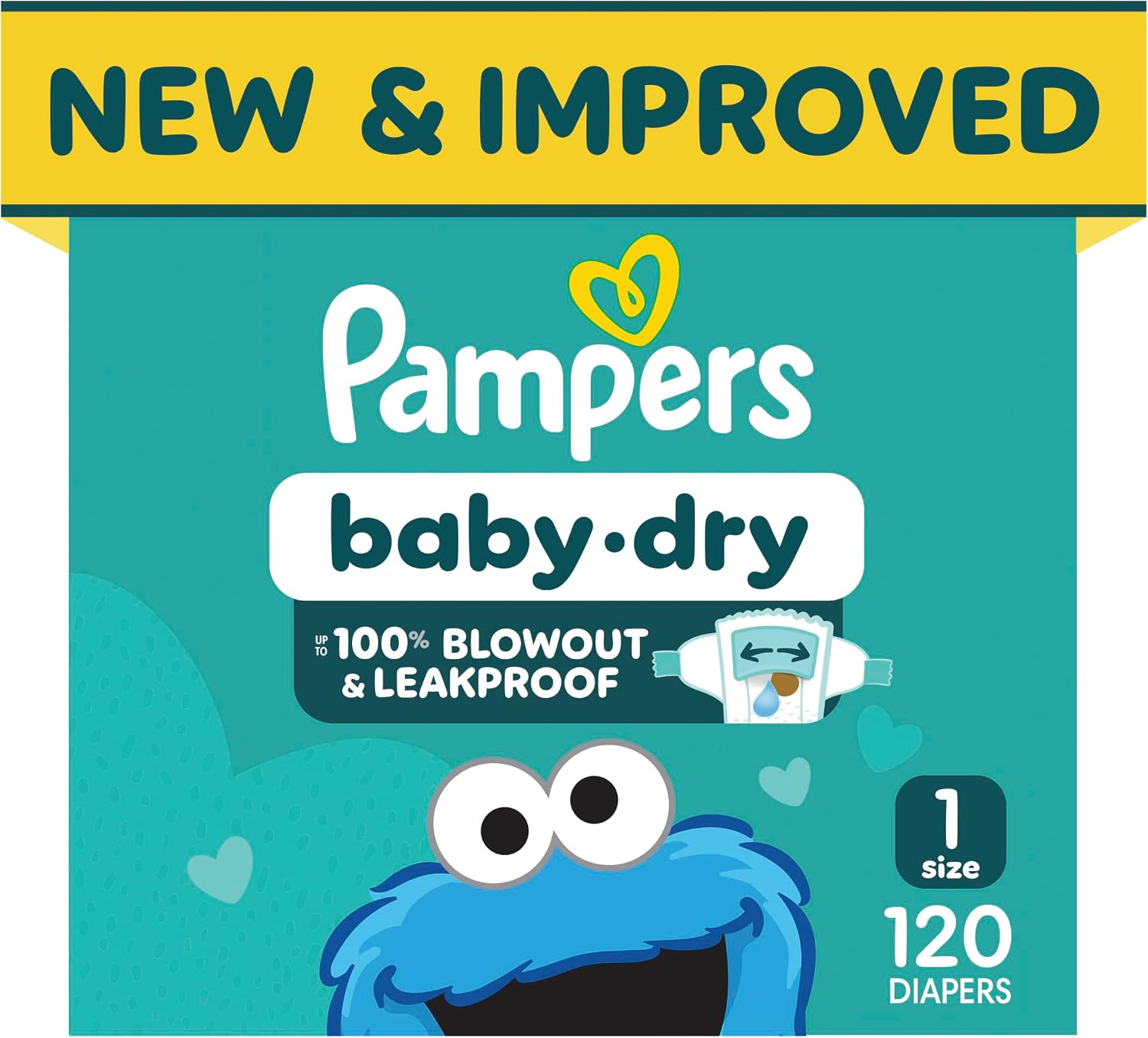 Pampers Baby Dry Ultra Cushiony Diapers, Size 1 (8-14 lbs), 120 Count, Up to 100% Leakproof (Packaging May Vary)