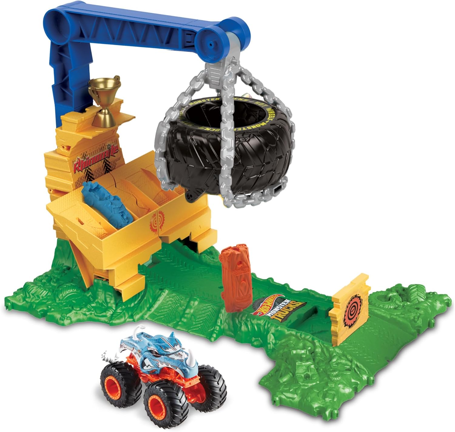 Hot Wheels Monster Trucks Rhinomite Chargin’ Challenge Playset with a 1:64 Scale Toy Rhinomite Truck & 2 Crushed Cars, HTP18