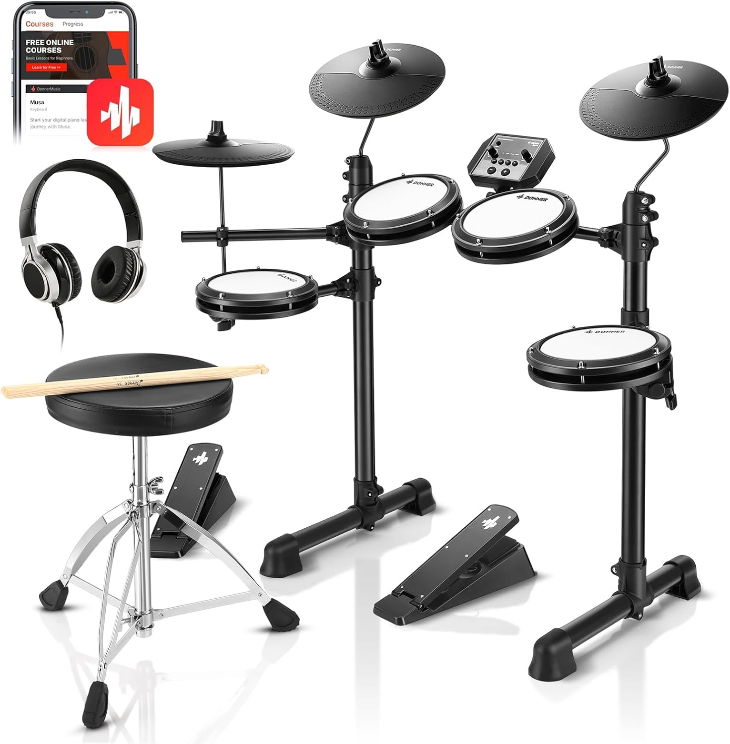 Donner DED-80 Electronic Drum Set with 4 Quiet Mesh Pads, 180+ Sounds, 2 Pedals, Throne, Headphones, Sticks, and Melodics Lessons