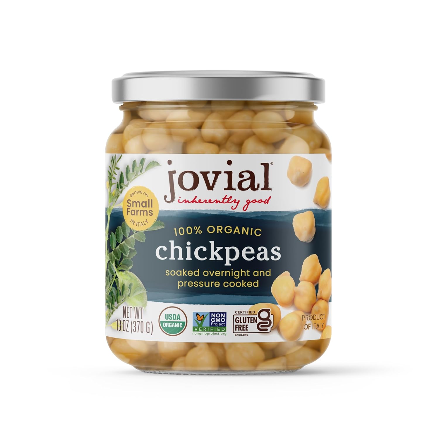 Jovial 100% Organic Chickpeas - Chickpeas, Organic Chickpeas, No Saturated Fat, Gluten Free, Recyclable Glass, Great Source of Fiber, No Additives or Preservatives, Product of Italy - 13 Oz