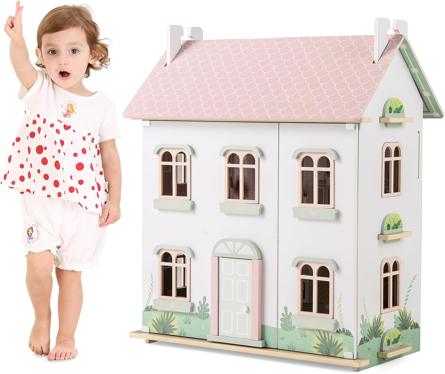GYMAX Wooden Kids Dollhouse, 3-Storey Dolls House with 5 Rooms, Double-sided Roofs and 19pcs Furniture Accessories, Large Doll House for 3 Years Old+
