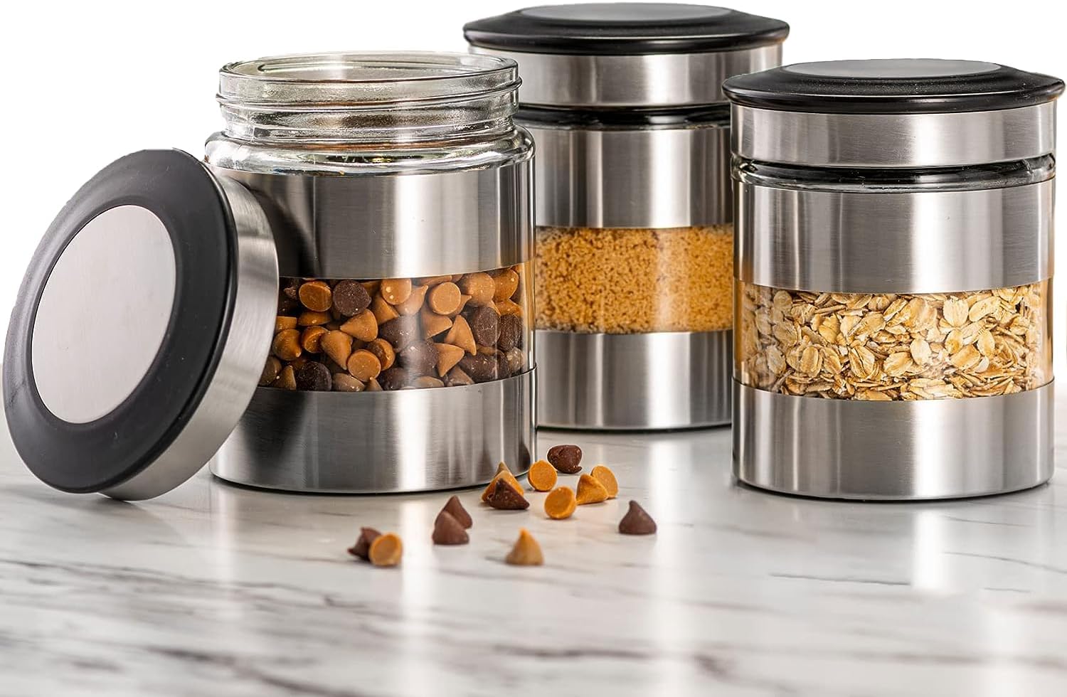 Le'raze Airtight Food Storage Container for Kitchen Counter with Window, [Set of 3] Canister Set Ideal for Flour Tea, Sugar, Coffee, Candy, Cookie Jar…