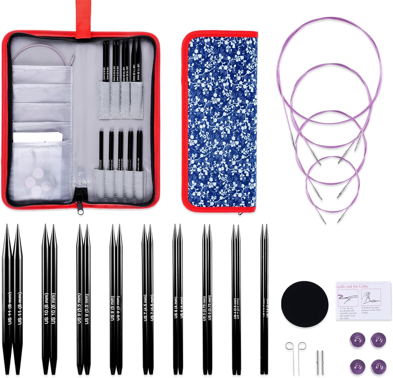 Svartur Interchangeable Circular Knitting Needles Set, with Assorted Circular Knitting Needles and Cables, Accessories and Case, 9 Pairs