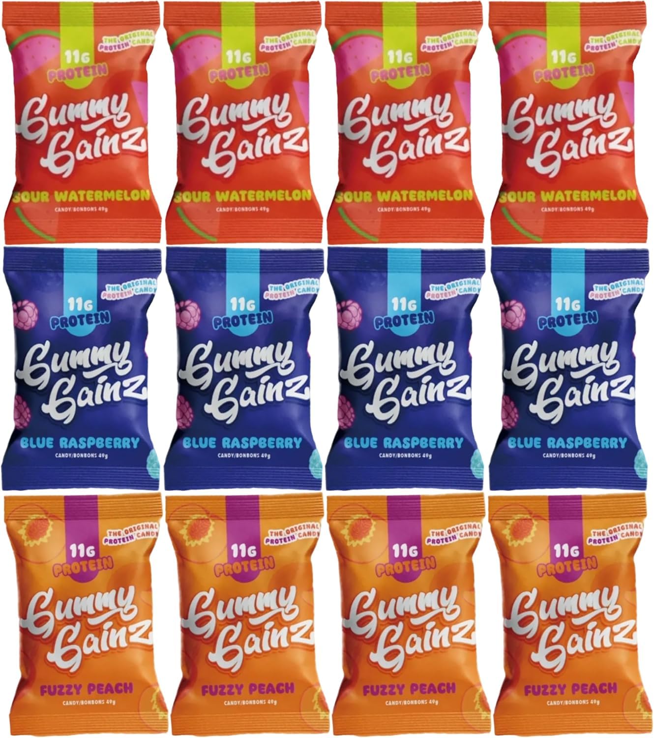 Gummy Gainz Protein Candy Gummies | High Protein Candy | 11g Protein per Serving | Fat Free, Naturally Flavored, No Artificial Sweeteners, Gluten Free, Soy Free | Box of 12 Bags (Assorted - 3 Flavors)