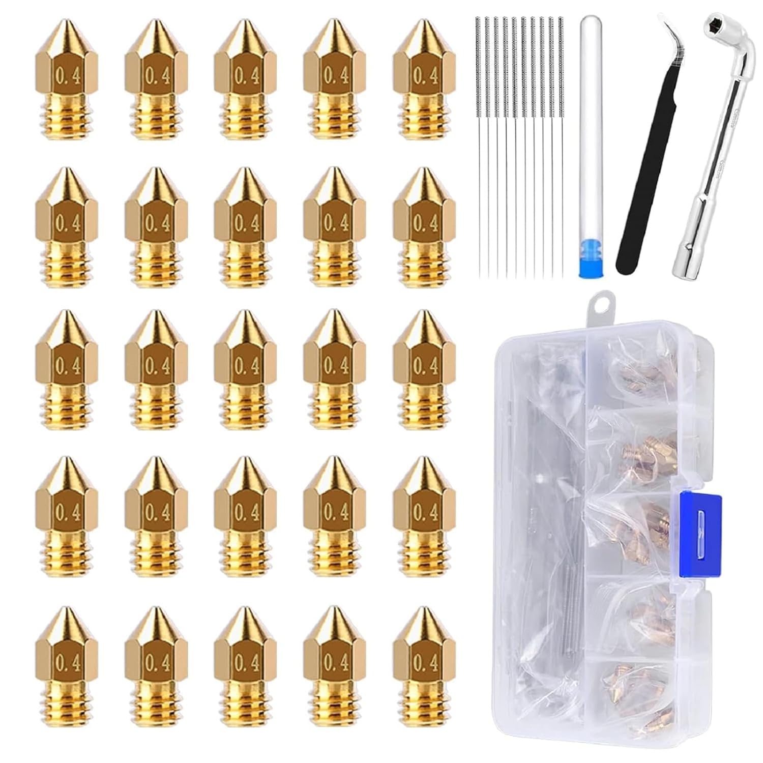 Comgrow 25PCS MK8 Ender 3 V2 Nozzles 0.4MM,3D Printer Brass Hotend Nozzles with DIY Tools Storage Box for Creality Ender 3/Ender 3 Pro/Ender 3 Max/5 Pro/Ender 3 S1/Ender 3 Neo/CR 10 Series 3D Printer