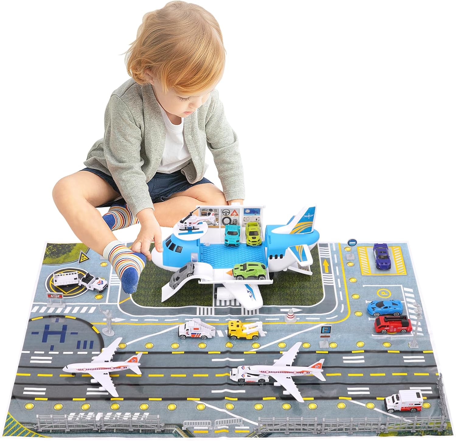 Kids Airplane Toy Set with Planes, Signs and Airport Playmat, Interactive Early Learning Toys Great Military Toys for 3 4 5 7 Boys Girls Kids