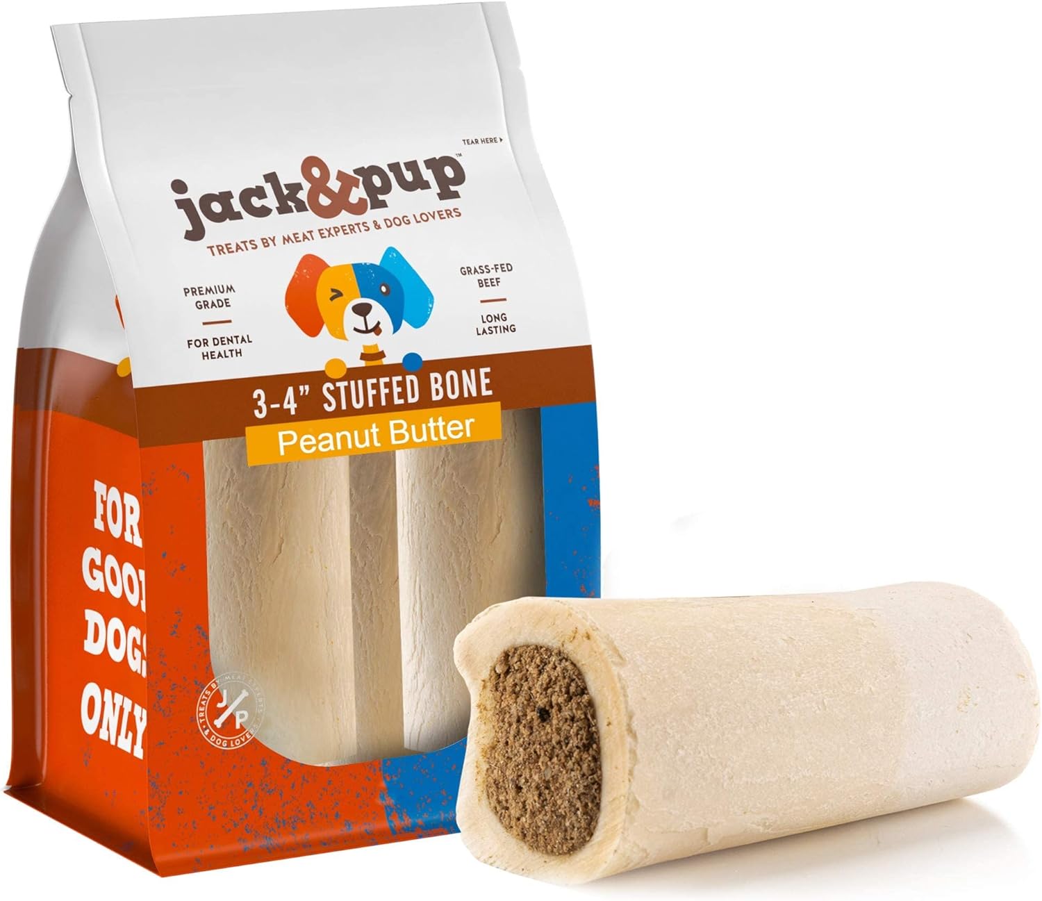Jack&Pup 3-4" Filled Dog Bones for Small and Large Dogs, Flavored Shin Dog Bones Long Lasting, Stuffed Bone for Dogs, High Protein, Peanut Butter Flavor - 4 Pack
