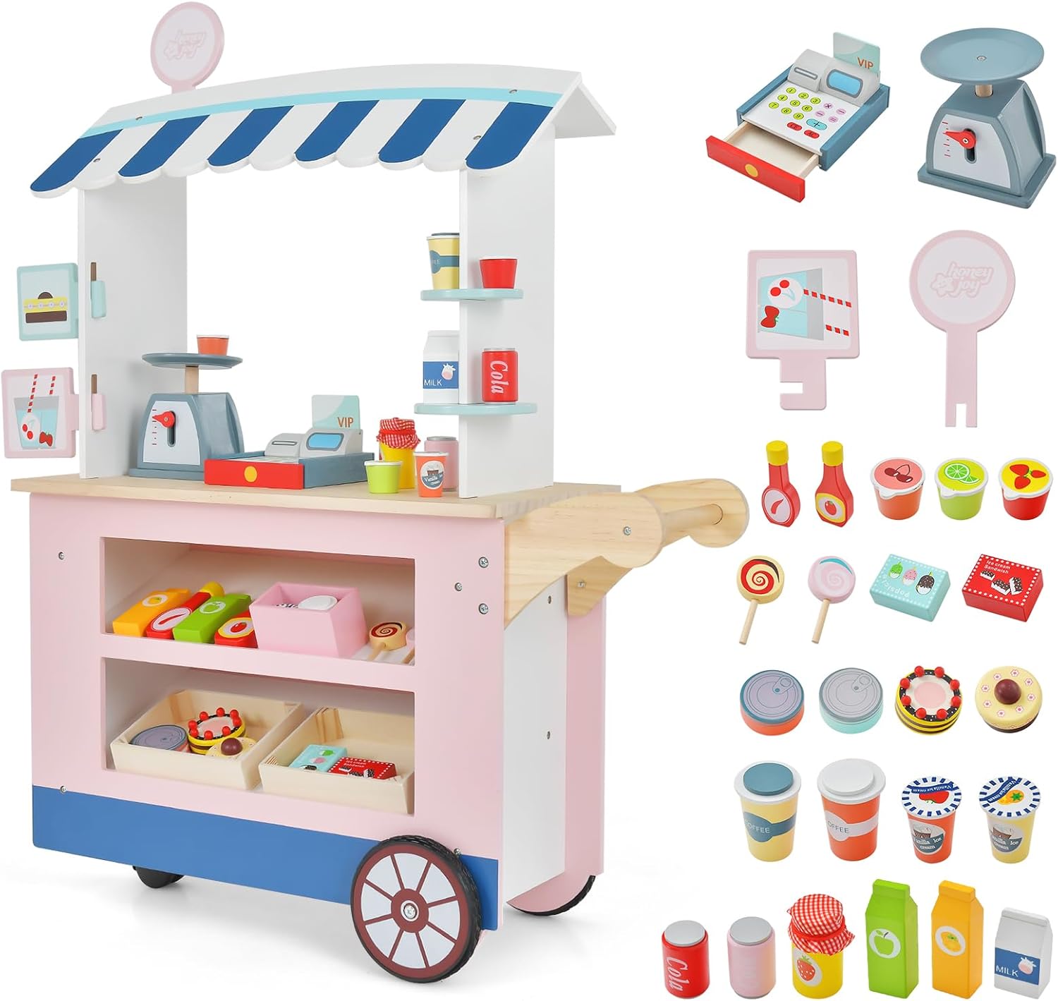 HONEY JOY Kids Food Cart, 30-Piece Toddler Pretend Play Grocery Store Playset w/Cash Register & Scale, Wooden Dessert Shop Play Market, Children Beverage Stand Cart w/Wheels, Gift for Boys Girls