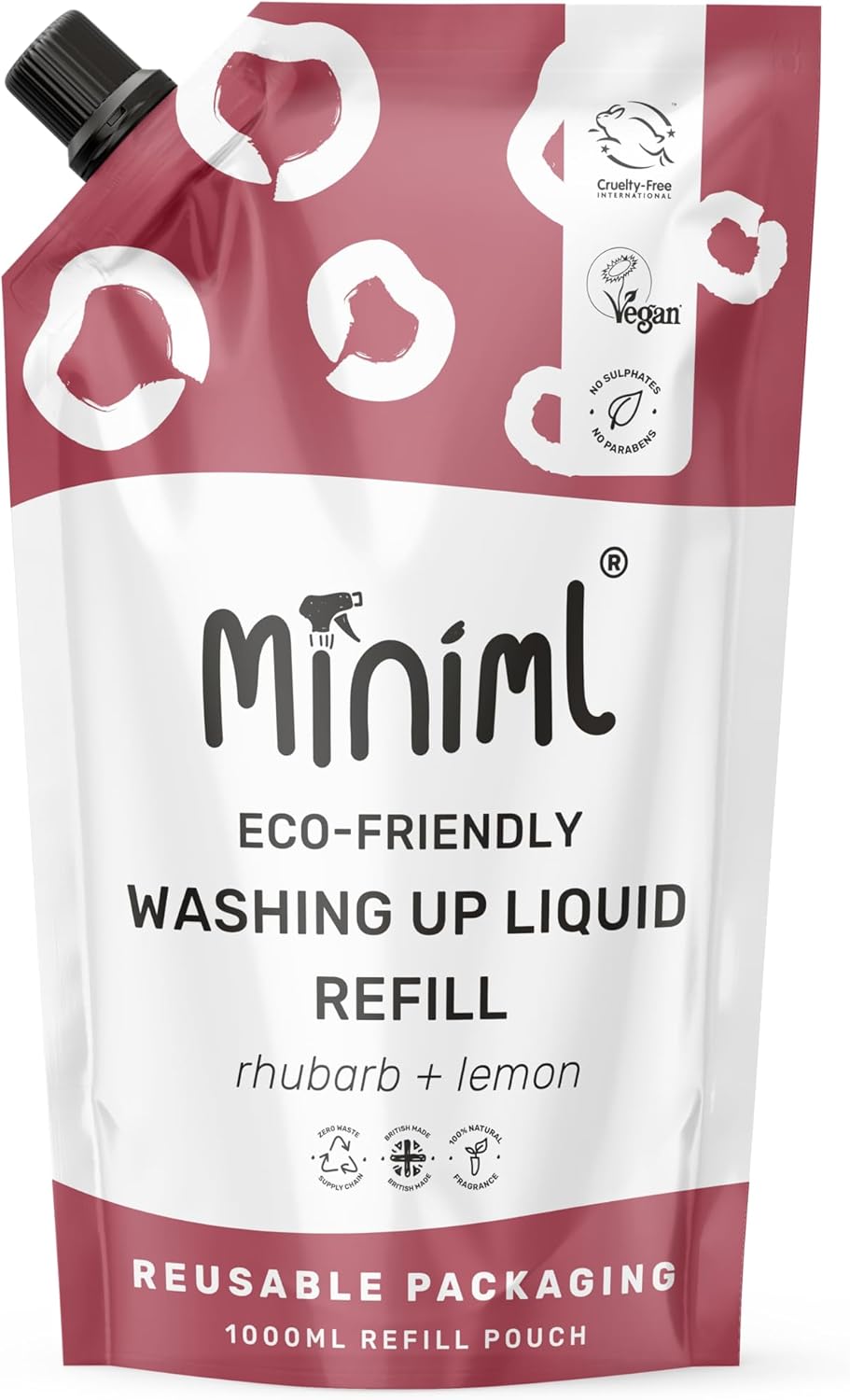 Miniml Eco Washing Up Liquid 1L Refill Rhubarb & Lemon Skin Sensitive Friendly Dish Wash Cleaner Plant Based Vegan Cruelty Free Natural Cleaning Products (100 Washes)