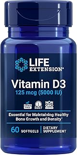 Life Extension Vitamin D3 125 mcg (5000 IU), Bone Health, Brain Performance, Immune System Support, Gluten-free, Non-GMO, Once Daily, Two-month Supply, 60 Softgels