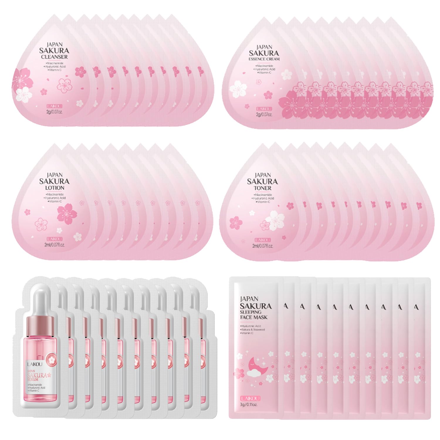 Sakura Travel Skincare Sets, 60pcs Mini Travel Skin Care kit Including Cleanser, Toner, Lotion, Serum, Cream, Sleepping Mask