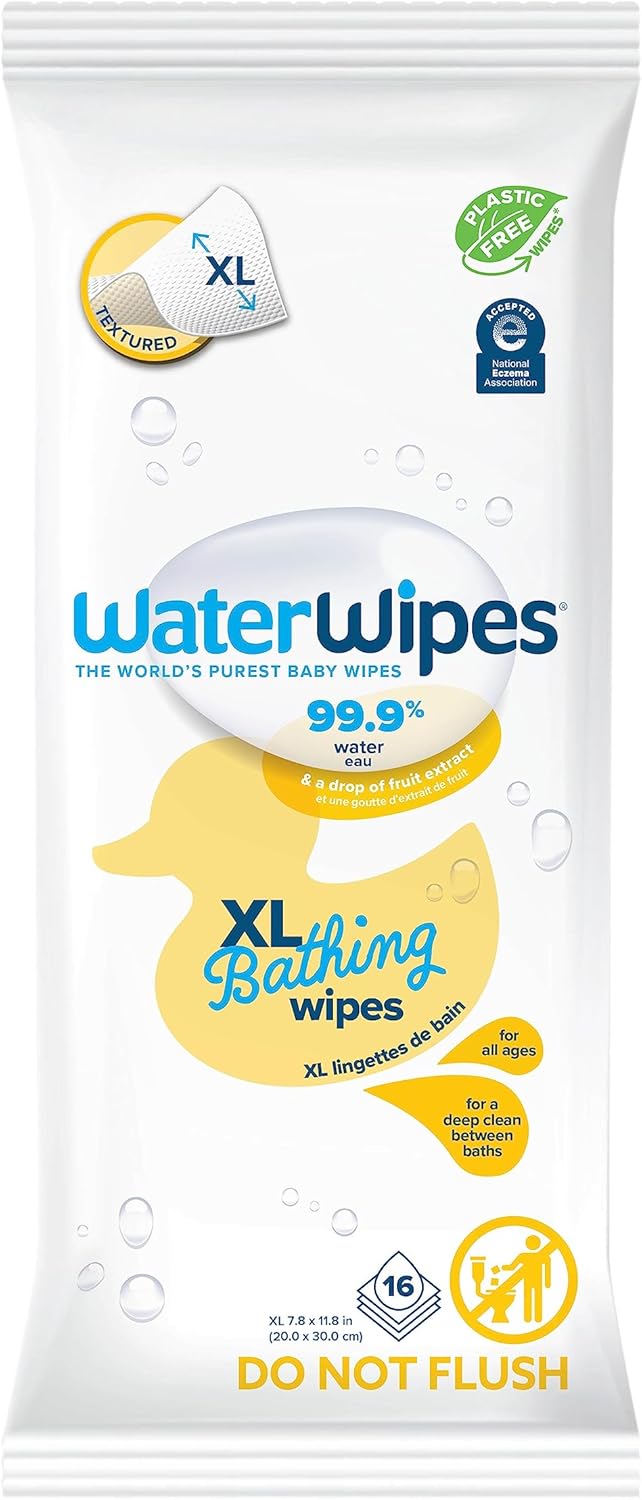 WaterWipes Plastic-Free XL Bathing Wipes for Toddlers & Babies, 99.9% Water Based Wipes, Unscented & Hypoallergenic for Sensitive Skin, 16 Count (1 pack), Packaging May Vary