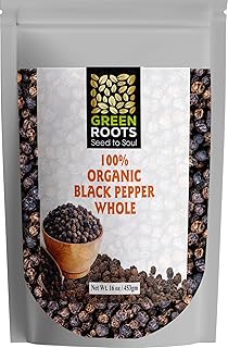 Green Roots II 100% Organic Whole Black Pepper (Tellicherry Peppercorns) Powder II 16 oz, 453 gm II Certified USDA Organic, Kosher, Non-GMO, Gluten Free & Vegan II Sustainable Grown from India