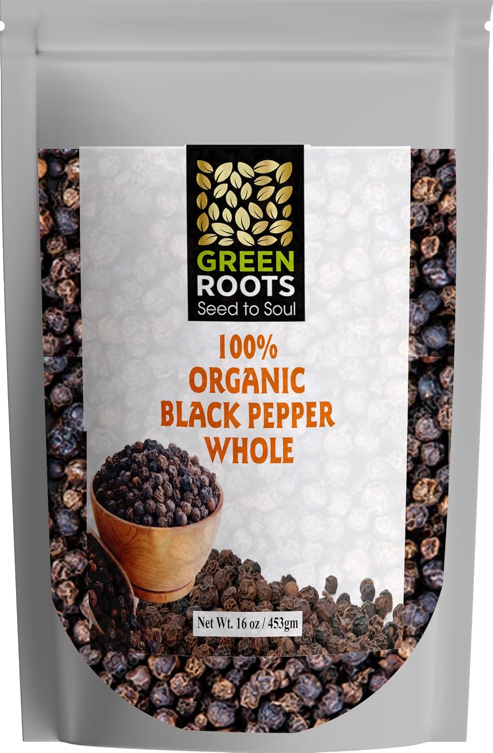 Green Roots II 100% Organic Whole Black Pepper (Tellicherry Peppercorns) Powder II 16 oz, 453 gm II Certified USDA Organic, Kosher, Non-GMO, Gluten Free & Vegan II Sustainable Grown from India