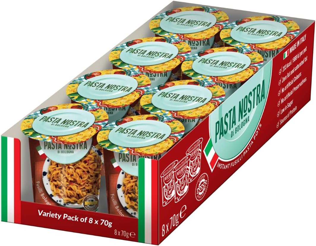 Pasta Nostra 8x70g | Instant Pasta Pots | Carbonara-2, Bolognese-2, Cheese & Pepper-2 | Arrabbiata-01 | Mozzarella-1 | Just add water meals | healthier alternative to pot noodle