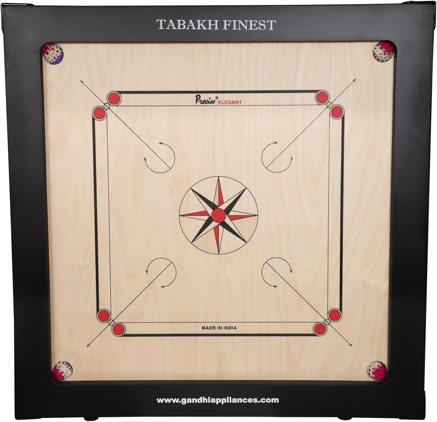 T TABAKH Precise Finest 20mm Carrom Board with Coins, Striker, and Powder, Black, 4 Players, Ages 7 and Up