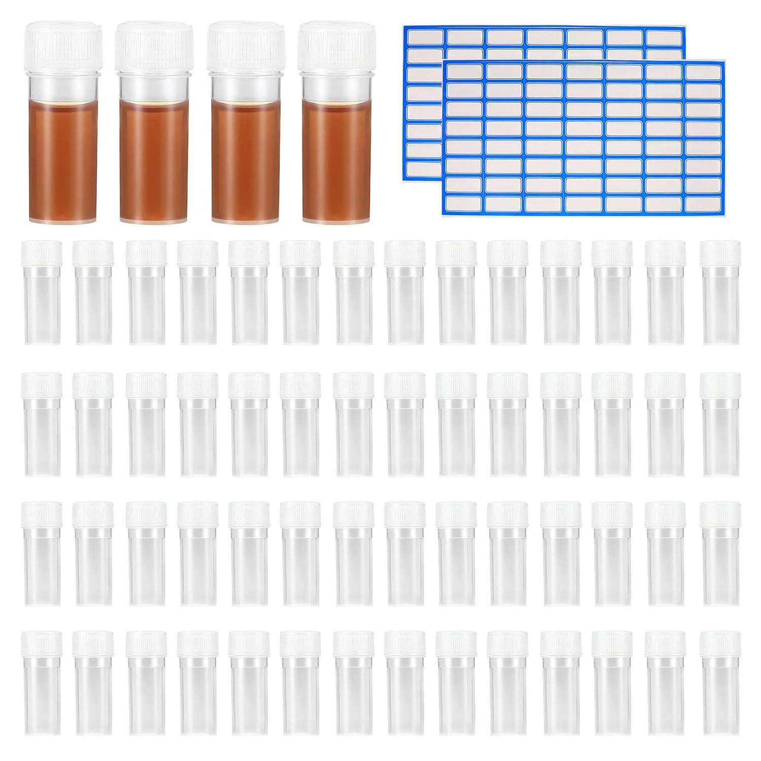 60 Pcs 5ml Plastic Test Tubes with Lid, Plastic Sample Bottles, Small Test Vials, Translucent Storage Test Tube Sample Vials, Sample Container with Lids for Sweets Candy DIY Crafts Lab with Stickers