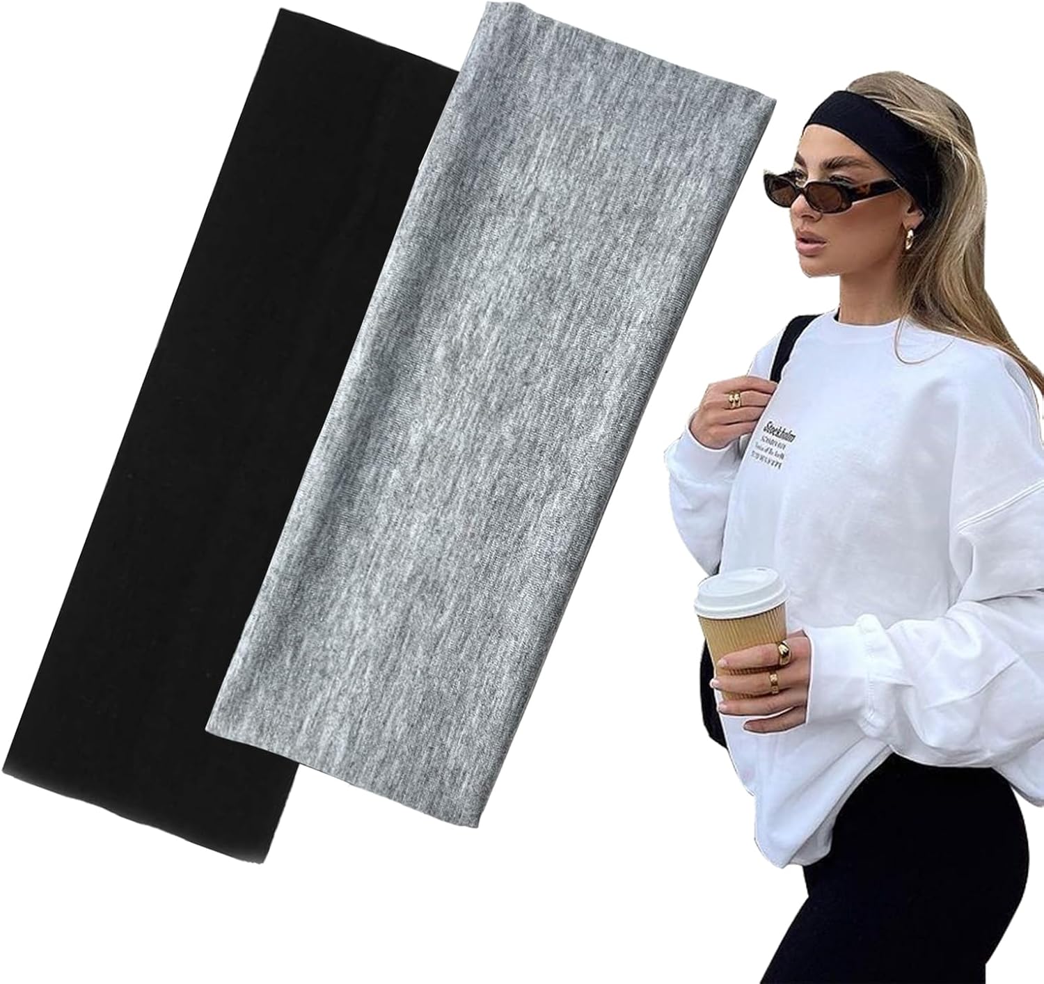 7cm Wide Black Headbands for Women Men, Yedtreg 2pack Fashion Head Bands for Women's Hair, Soft Fabric Stretchy Hair Bands for Makeup, Yoga, Running, Sports (Black/Grey)