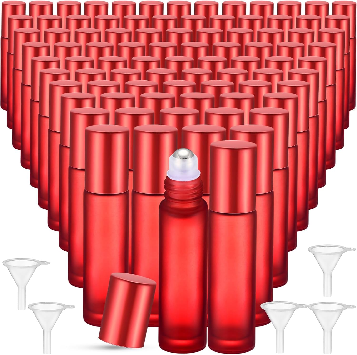 Sumind 150 Pcs Frosted Glass Roller Bottles Essential Oil 10 ml Empty Roll on Bottles with Stainless Steel Balls Leak Proof with 5 Funnel for Travel Essential Oil Perfume(Frosted Red)
