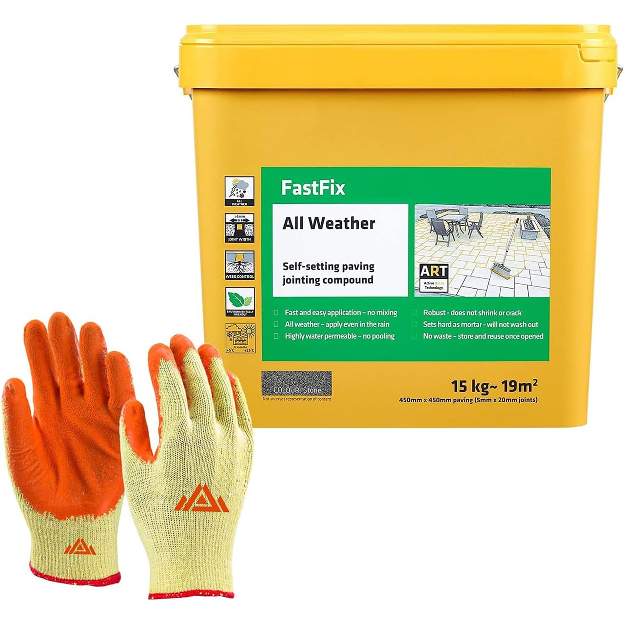 Fast Fix All Weather | Ready to Use, Self-Setting Paving Jointing Compound for Any Weather, Suitable for Stones Setts, Paving Block and Footpaths With Scrub Brush 15kg - 21 sq.m (Stone)