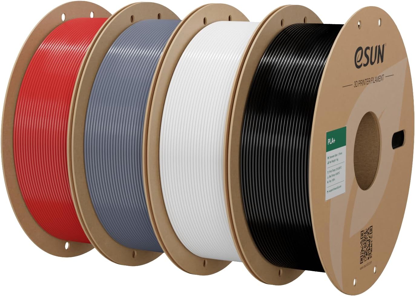 eSUN PLA+ Filament 1.75mm, 3D Printer Filament PLA Plus, Dimensional Accuracy +/- 0.03mm, 1KG per Spool, 4 Spools 3D Printing Filament, Fire Engine Red + Grey + Cold White + Black