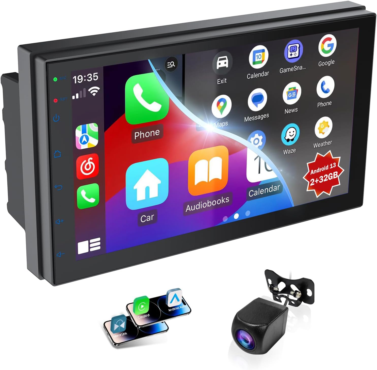7 Inch Double Din Car Stereo,with Wireless Apple CarPlay and Android Auto Screen for Car,HD Touch Screen carplay screen with Mirror Link,Backup Camera,AUX,FM Transmitter for All Vehicle(2+32GB)