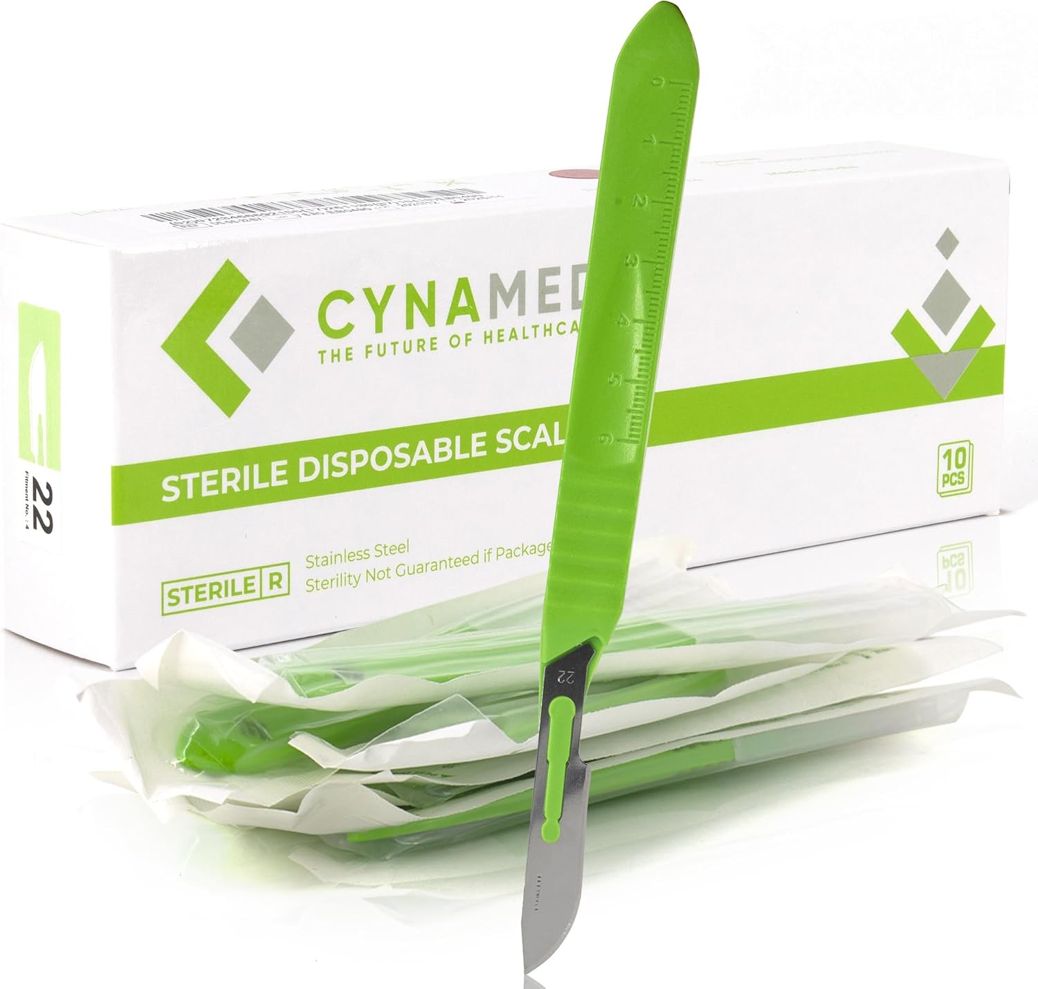 CYNAMED # 22 Disposable Scalpel with Plastic Handle - Sterile Single Blade Razor for Dermaplaning, Dissection, Podiatry, Professional Grooming, Acne Removal - Surgical Stainless Steel Tool - Box of 10