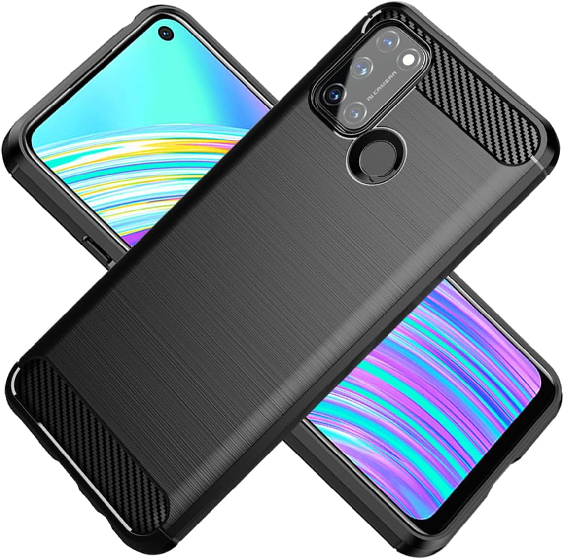 HTXWXJC Case for Realme C17 Case, Realme 7i India Case, RMX2103 RMX2101 Case, Slim Thin Carbon Fiber TPU Rubber Protective Cases Anti-Scratch Shockproof Cover for Realme C17 Black