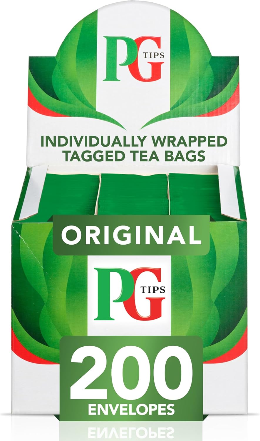 PG Tips Original, Black Tea Bags Bulk, Individually Wrapped String & Tag Teabags, Signature Taste, Refreshing & Flavourful, 200 Plant Based Biodegradable Envelopes