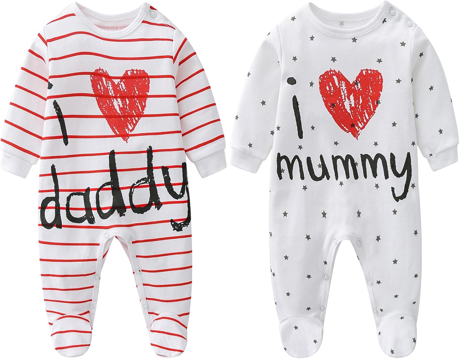 2-Pack Baby Clothes Newborn Bodysuits I Love Daddy &Mummy Romper, Cotton Footed Pajamas for Baby Boys and Girls