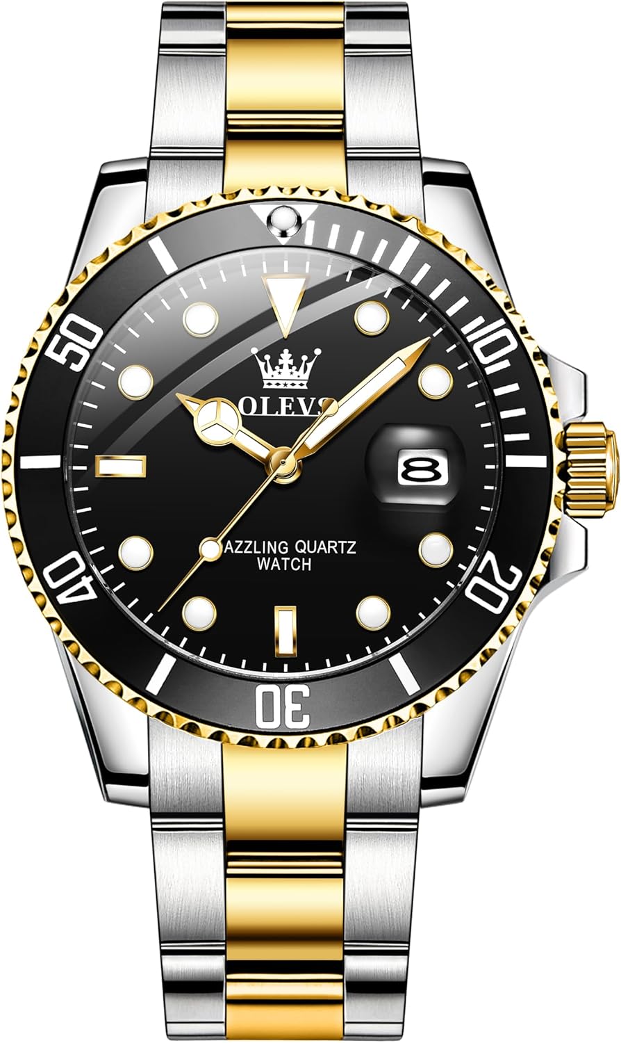 OLEVS Men's Watch, Big Face Stainless Steel Analog Quartz Dress Watch, Luxury Gold Silver Tone Date Display Waterproof Luminous Wrist Watch for Men