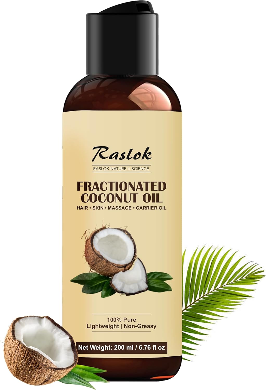 Fractionated Coconut Oil – 100% Pure & Lightweight | Non-Greasy Carrier Oil for Hair, Skin, Body & Massage | Hexane-Free | 200ml / 6.76 fl oz