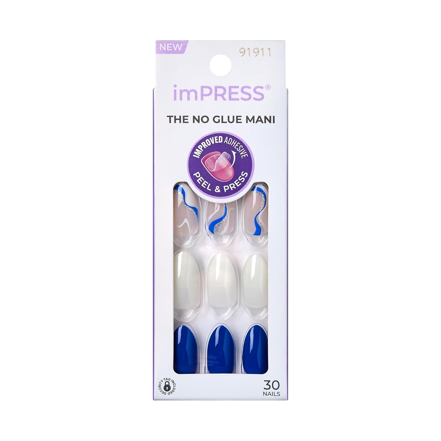 KISS imPRESS No Glue Mani Press On Nails, Design, 'Free Soul', White, Medium Size, Almond Shape, Includes 30 Nails, Prep Pad, Instructions Sheet, 1 Manicure Stick, 1 Mini File