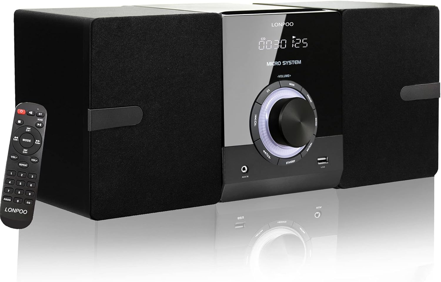 Compact Stereo System for Home, 30W CD Player with Speakers, Bluetooth, FM Radio, Aux-in, USB Playback, Earphone Output Port, DSP-Tech, Crisp-Sound, Remote