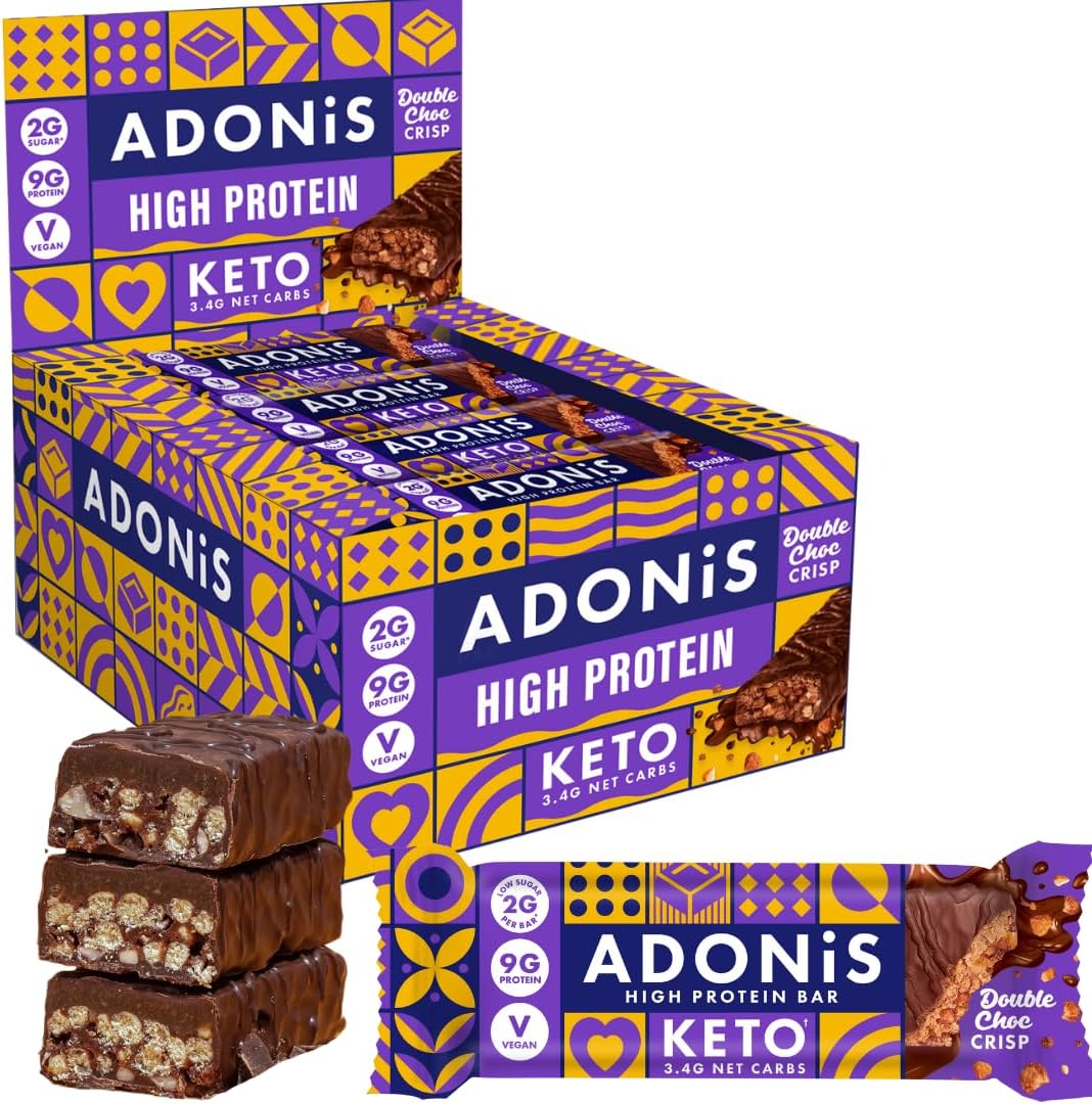 ADONiS Double Chocolate Crisp Keto High Protein Bars (16x45g) | Vegan and Keto-Friendly | Natural Keto Snacks | Sugar Free | Low Sugar, Low Carb Snack, Low Calorie | Ideal for a Ketogenic Diet