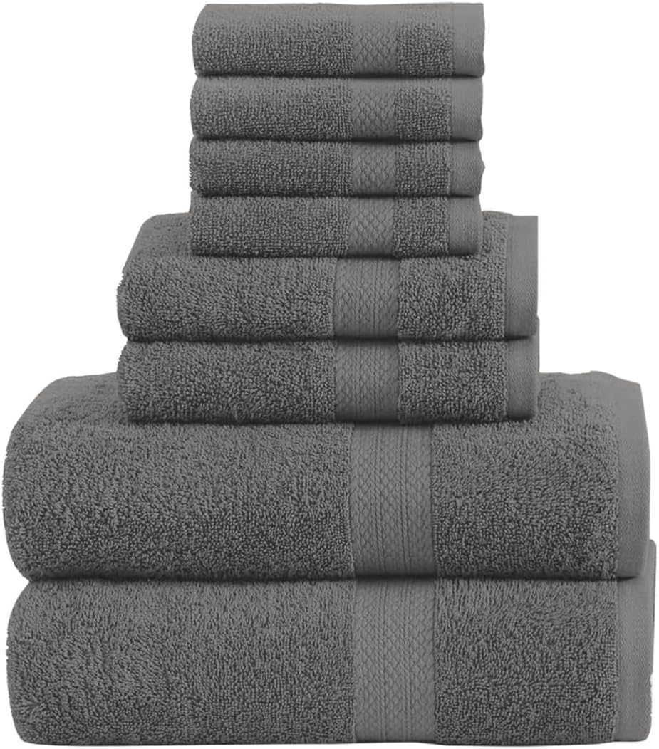 Pack of 8 Towels Set, 2 Large Bath Towels, 2 Hand Towels, 4 Wash Cloths, 100% Cotton, Lighter Weight, Quicker to Dry, Super Absorbent, Perfect for Bathroom (Grey)