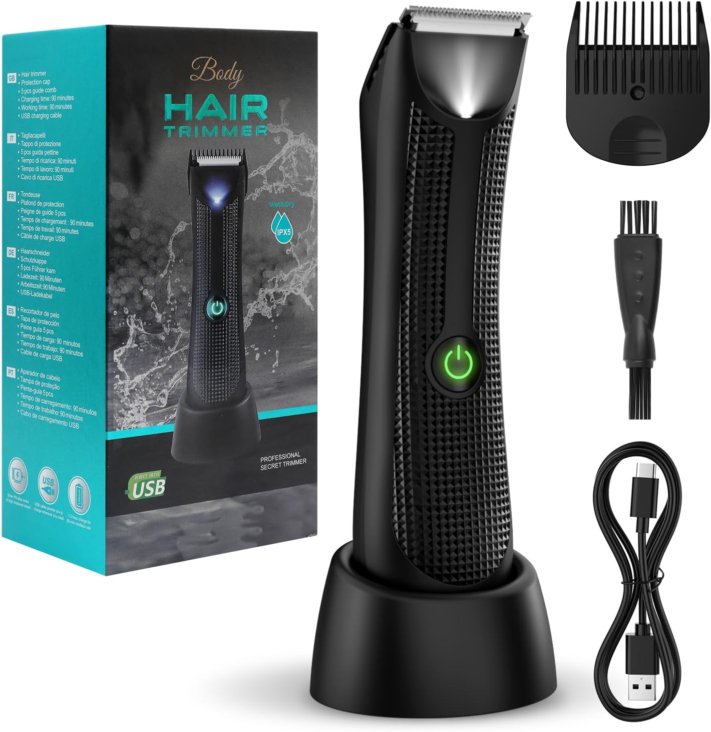 Vexloria Pubic & Body Hair Trimmer for Men, Body Groomer, Electric Groin Hair Trimmer with Ceramic Blade Head, Wet/Dry Shaver with LED Light and Charging Base（Black）