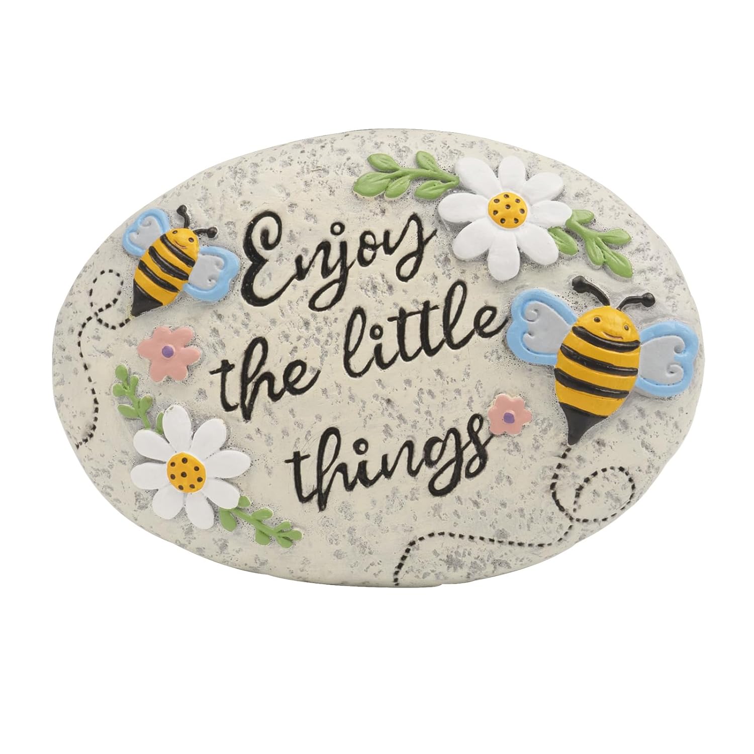 Spring Decorative Garden Stones Outdoor, 6x4.1In Enjoy The Little Things Bee Stone with White Flower, Concrete Stepping Stones for Walkway Pathway Yard Outside