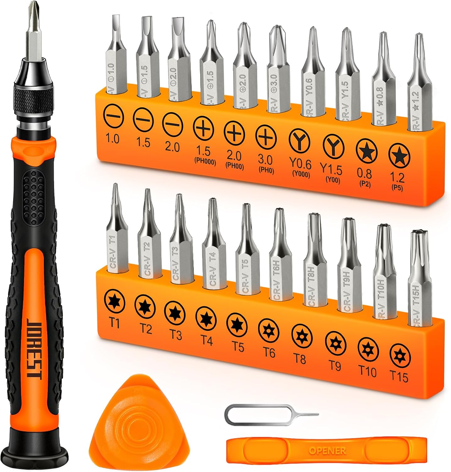 JOREST 24Pcs Precision Screwdriver Set, Tool Kit with Torx T1 T2 T3 T5 T6 T8 T9 T15, Triwing Y00, Star P2/P5, Phillips PH00, -1.5/2.0, etc, for PS4, Switch, Ring Doorbell, Xbox, Laptop, Glasses, Watch