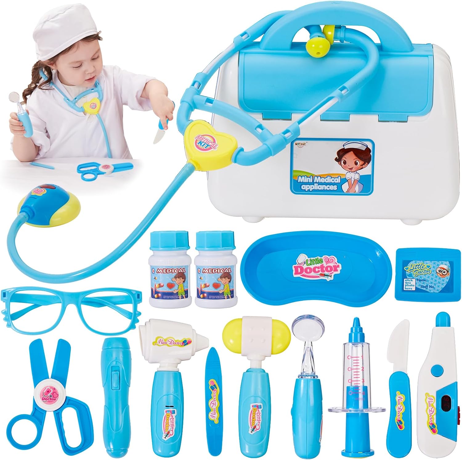 BUYGER 16 Pcs Kids Childs Toy Doctor Sets, Role Play Toys for 3 Year Old Boys, with Lights and Sounds, Gift, Blue