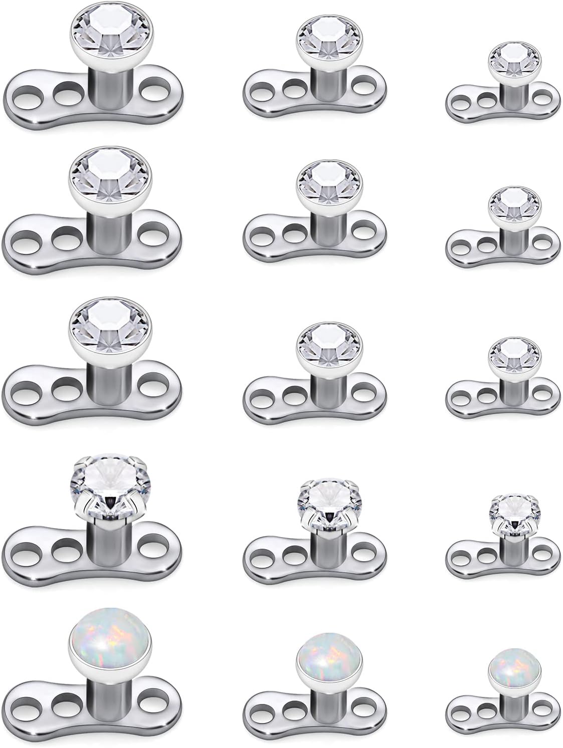 Ocptiy 14G Grade 23 Titanium Dermal Piercing Jewelry Hypoallerhenic Dermal Base and Dermal Tops Internally Threaded Clear CZ Opal Crystal Top Dermal Piercing Jewelry for Women Men 15PCS