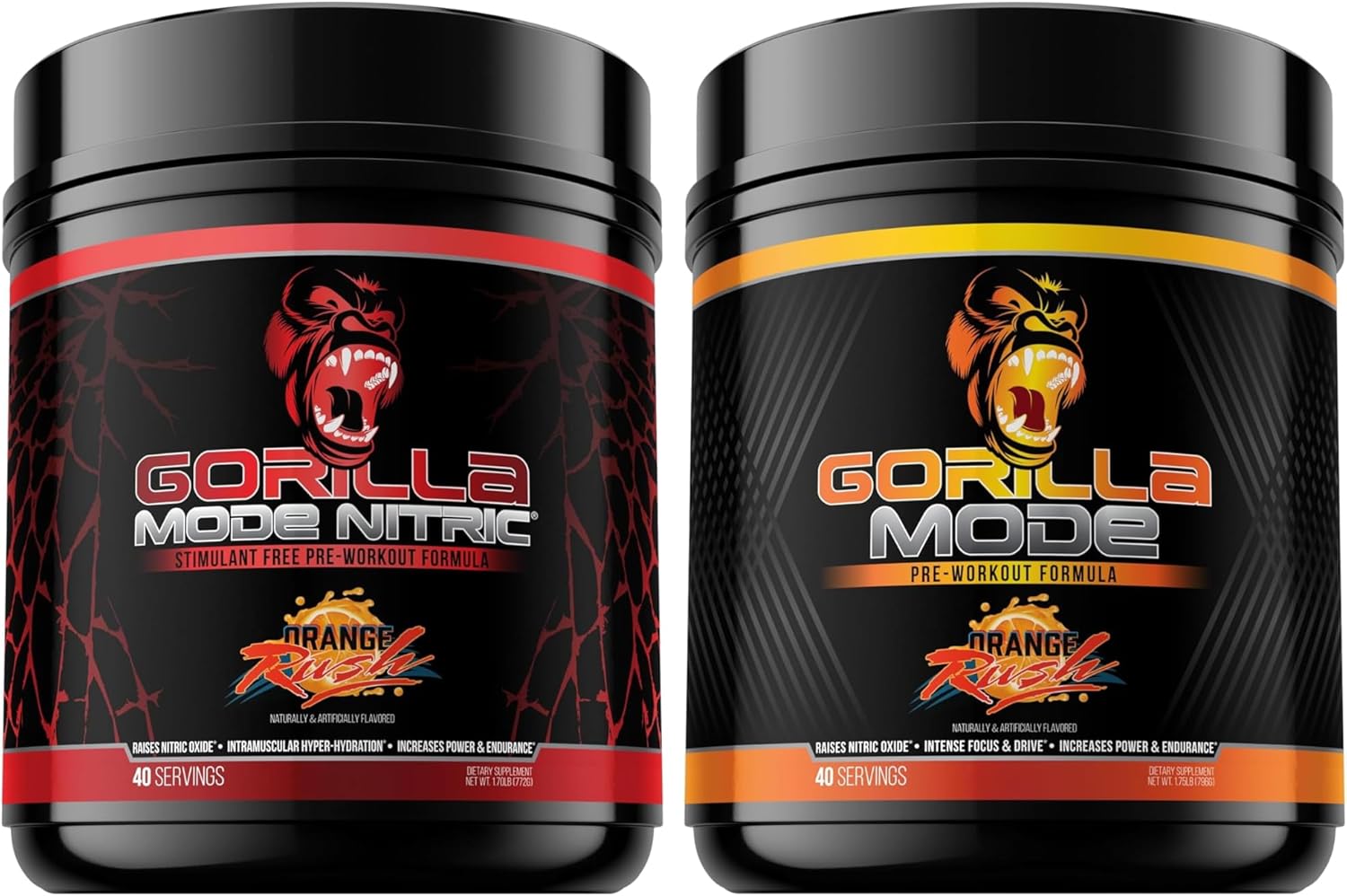Gorilla Mind Mode Pre Workout & Gorilla Mode Nitric Upgraded Stimulant - Best Tasting & Most Effective Stimulant Free Pre-Workout | Massive Pump | Laser Focus Energy Power (Orange Rush)