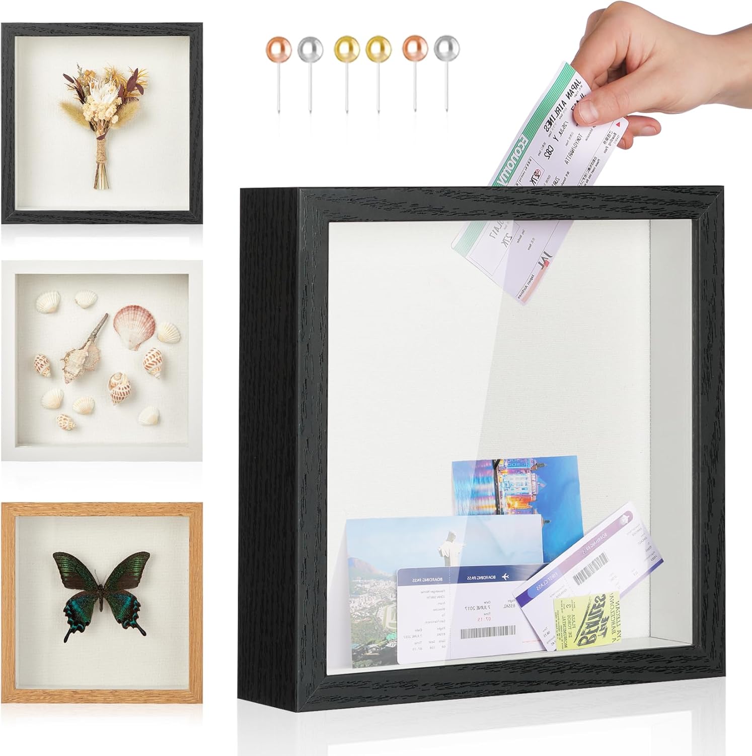 Travel Adventure Challenge Archive Shadow Box Picture Frame with Slot,8x8In Travel Ticket Card Memory Box for Keepsake Box, Top Loading Shadow Box Display Case Travel Decor Gift (Black,8x8)
