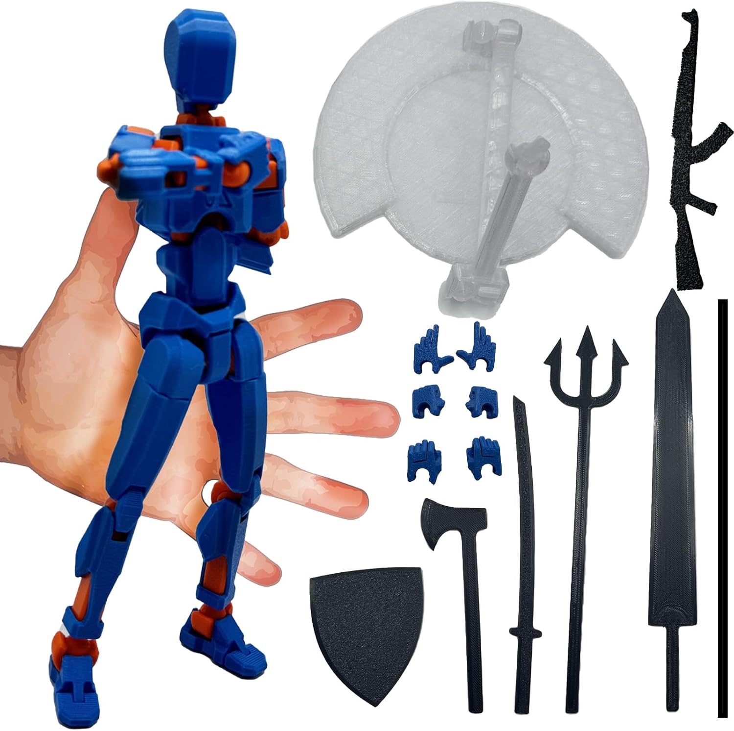 3D Printed Enlarge Body Size 8.1-inch Action Figure Dummy20, Full Body Mechanical Movable Toy, Multiple Accessories, Desk Decoration (Bracket, 3 HandsType, Weapons, Armour) (Blue)