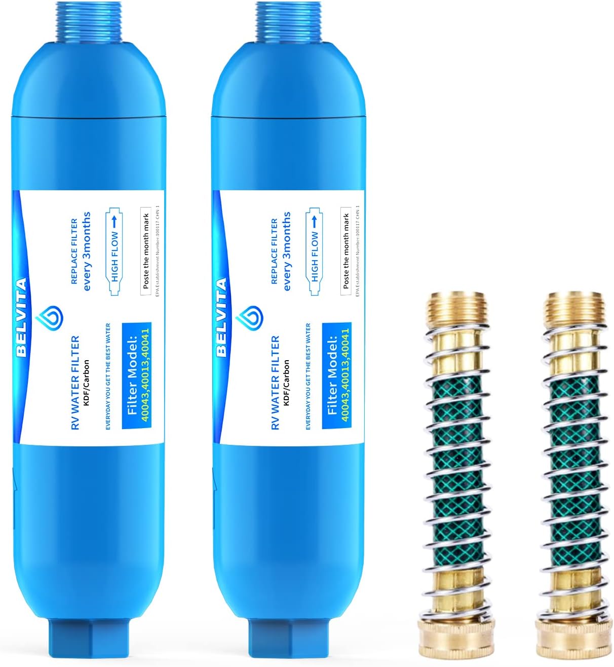 BELVITA RV Inline Water Filter with Hose Protector Reduces Lead, Fluoride, Chlorine, Bad Taste, Odor in Drinking, Washing with 2 Flexible Hose Protector,Dedicated for RVs and Marines,2 Pack