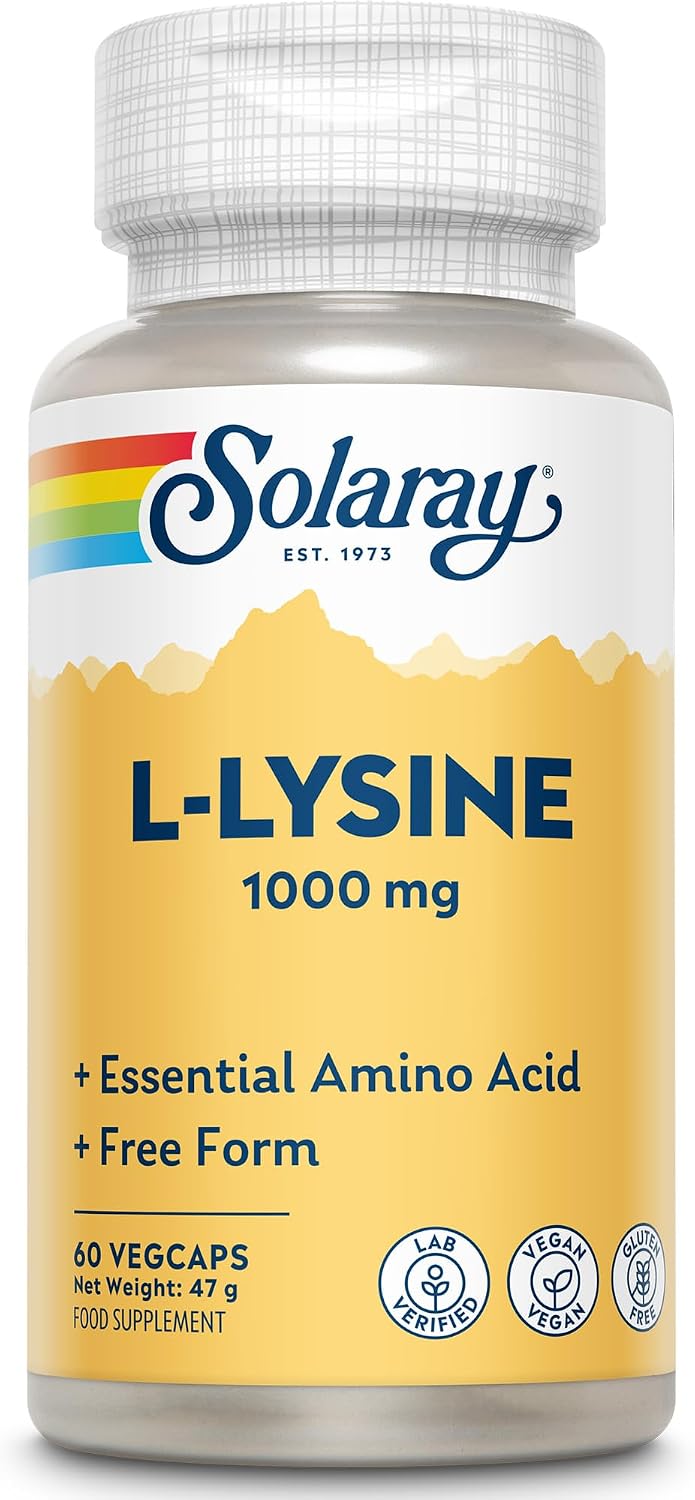 Solaray - L-Lysine 1000mg - 60 Vegan Capsules not Tablets - Double Strength L Lysine Amino Acid Supplement - Lab Verified, GMO and Magnesium Stearate Free