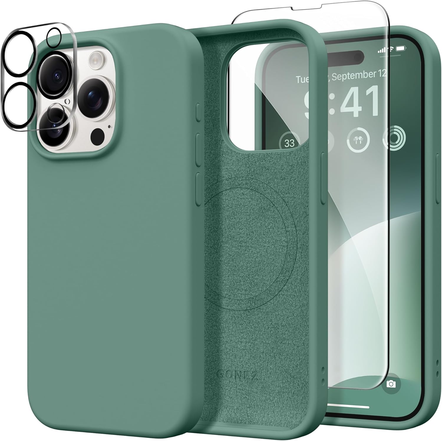 GONEZ Magnetic for iPhone 15 Pro Case, Compatible with MagSafe, [Screen Protector + Camera Lens Protector], Silicone Shockproof Anti-Scratch Protective Phone Case 6.1 inch, Midnight Green