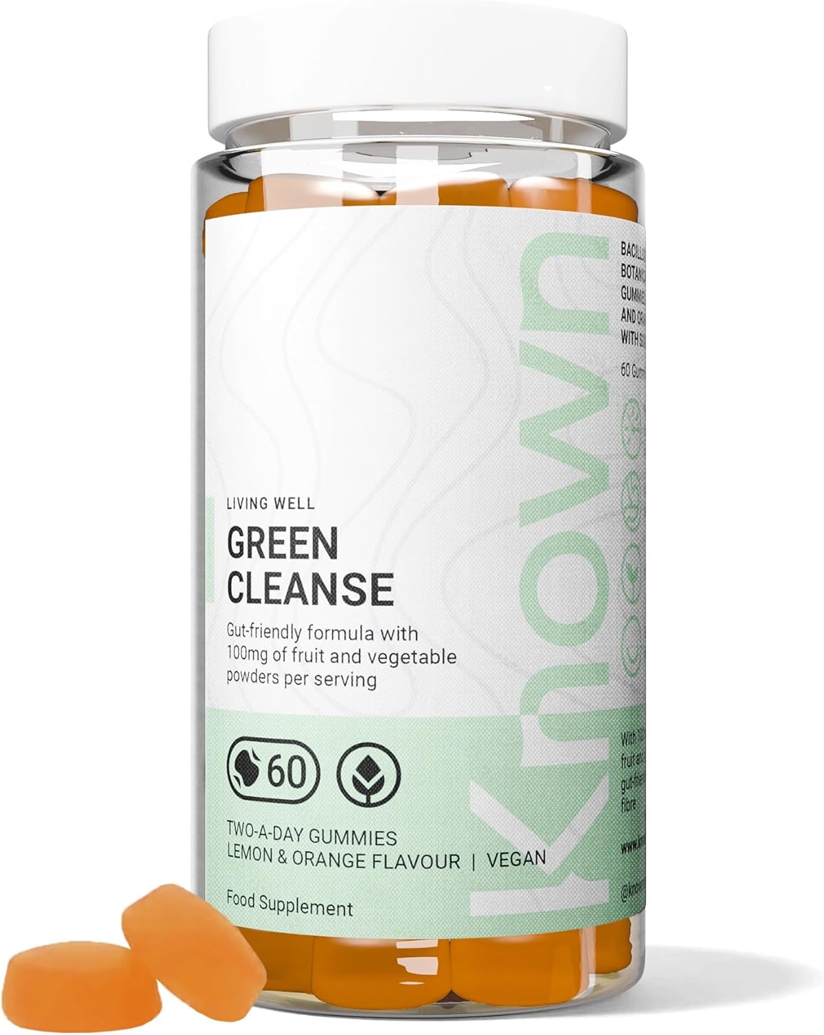 Known Delicious Green Cleanse Gummies - Chlorella & Gut-Friendly Bacteria - Natural Lemon & Orange Flavour - 60 Vegan Gummies, 1 Month Supply