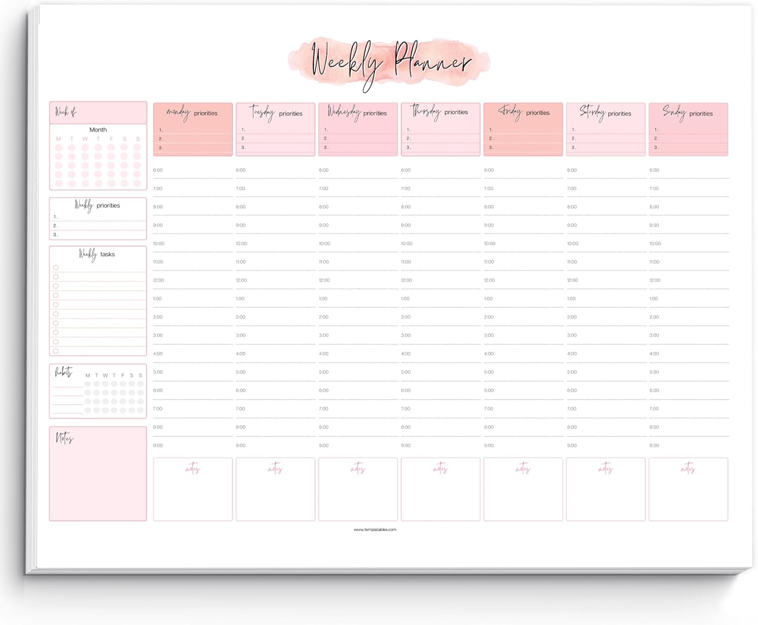 Weekly Hourly Planner Notepad, Daily Planner Desk Pad, Weekly Schedule, To Do List Note Pad, ADHD Planner | 50 Undated Tear Away Sheets | A4 (Pink)